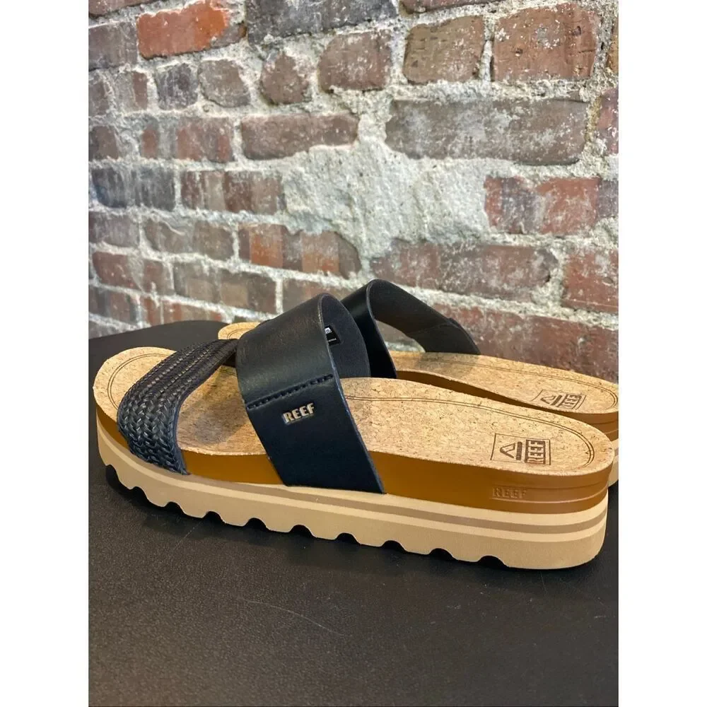 REEF • Black Vegan Leather Braided Double Strap Tan Cork/Foam 2” Sole Slide Sand